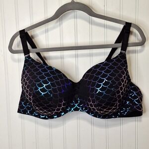 Torrid XO Boost Plunge Push Up Bra 48B Black With Mermaid Print Padded 4 Hook